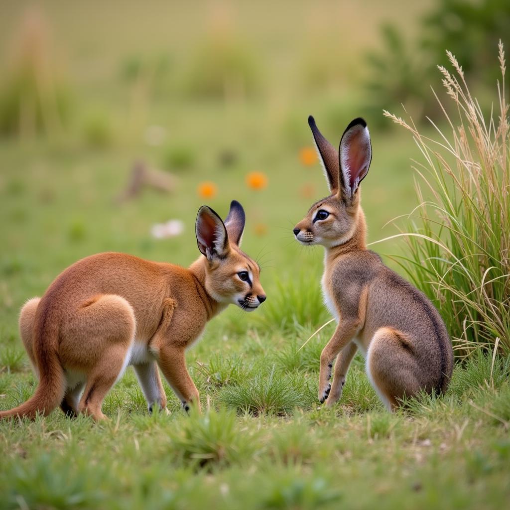 African Caracal Hunting a Hare