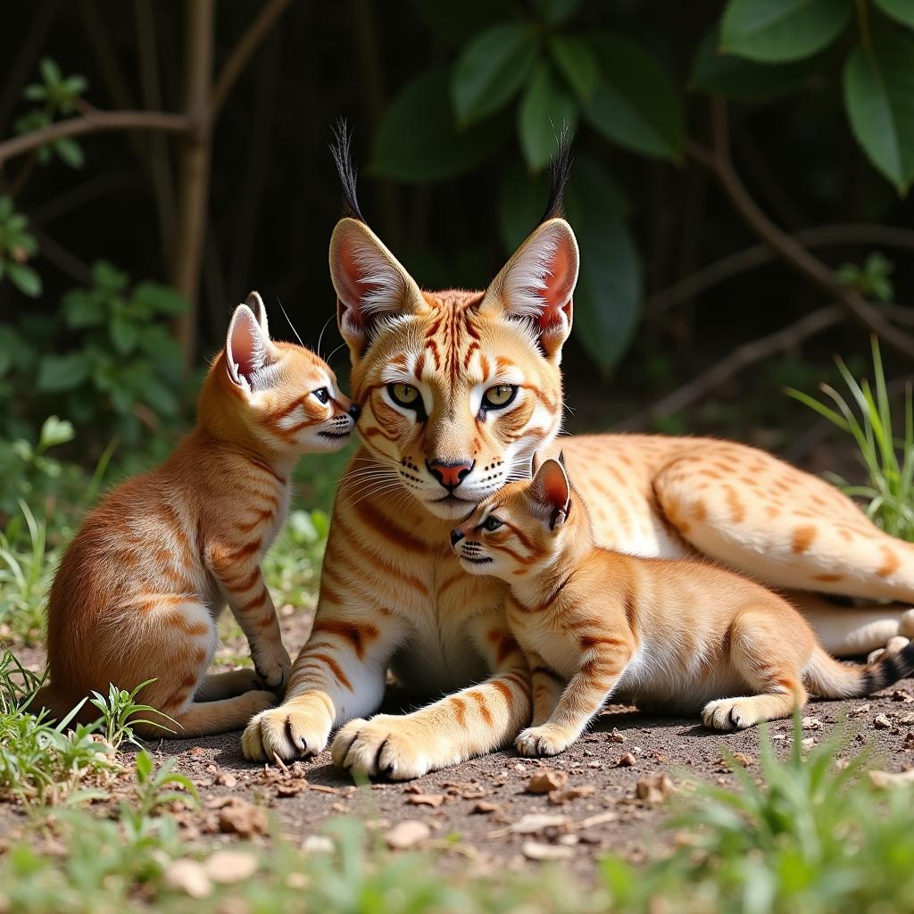 African Caracal Mother and Kittens