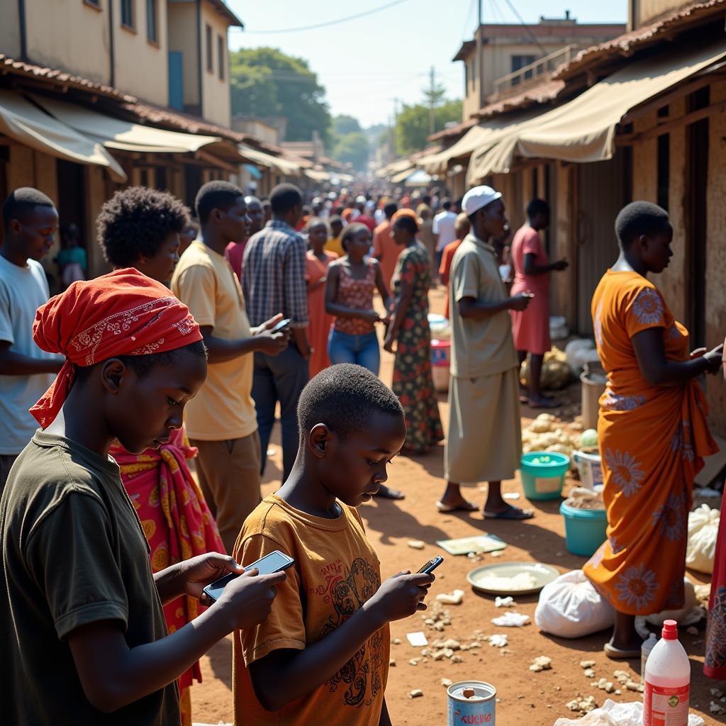 African cell phone users in a bustling market