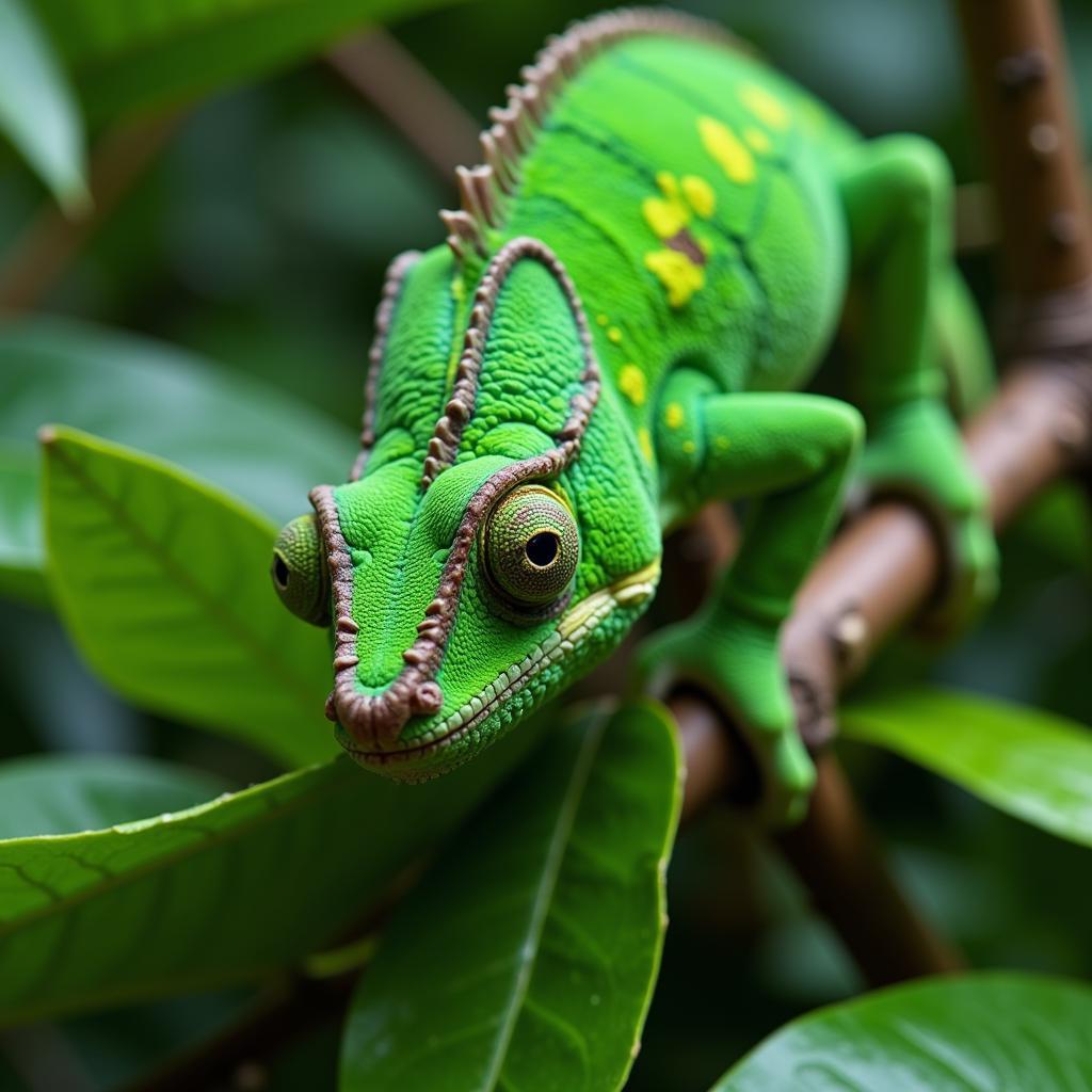 African Chameleon Camouflaged on a Branch