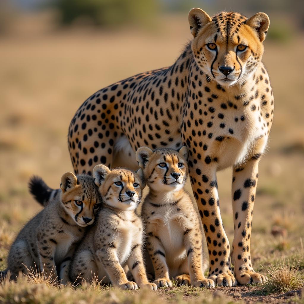 A cheetah mother guards her cubs from potential threats in the African savanna.