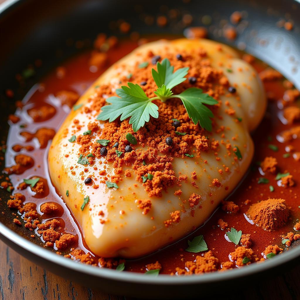 Preparing African chicken breast with traditional spices and marinades.