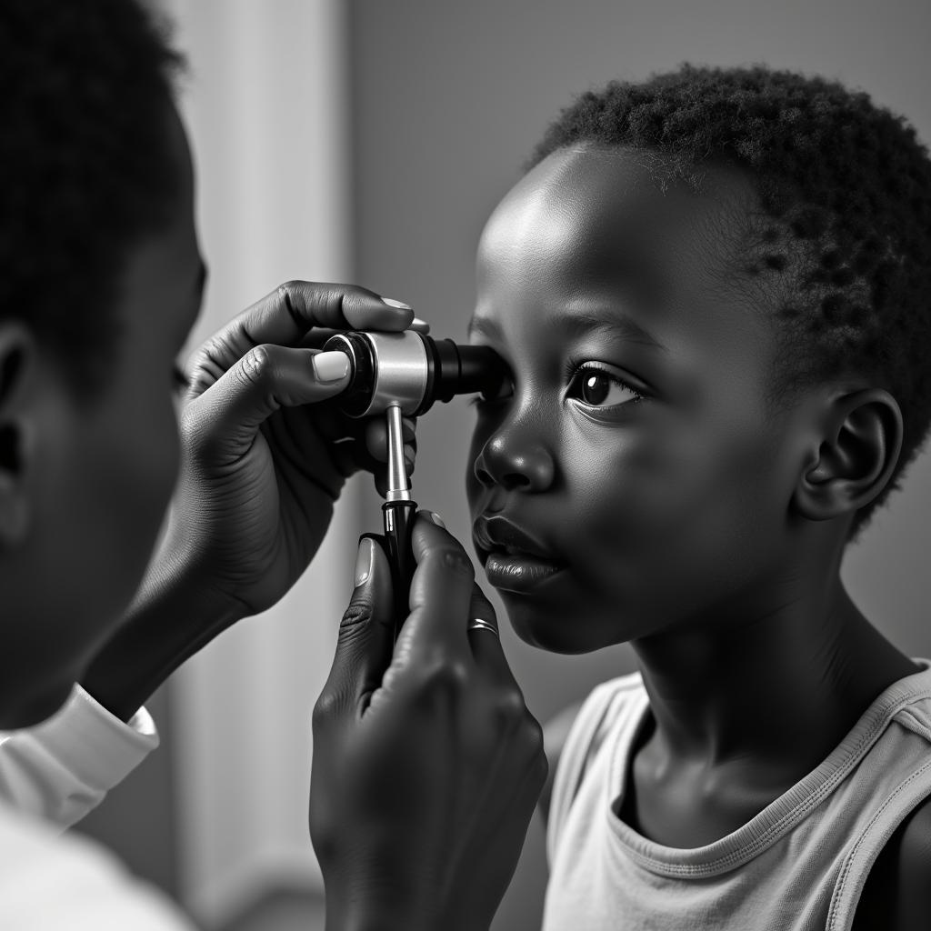 African Child Receiving an Eye Exam (Black and White Photo)