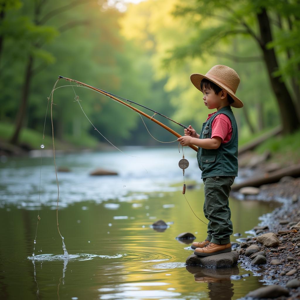 An African child patiently fishing in a river with a simple rod.