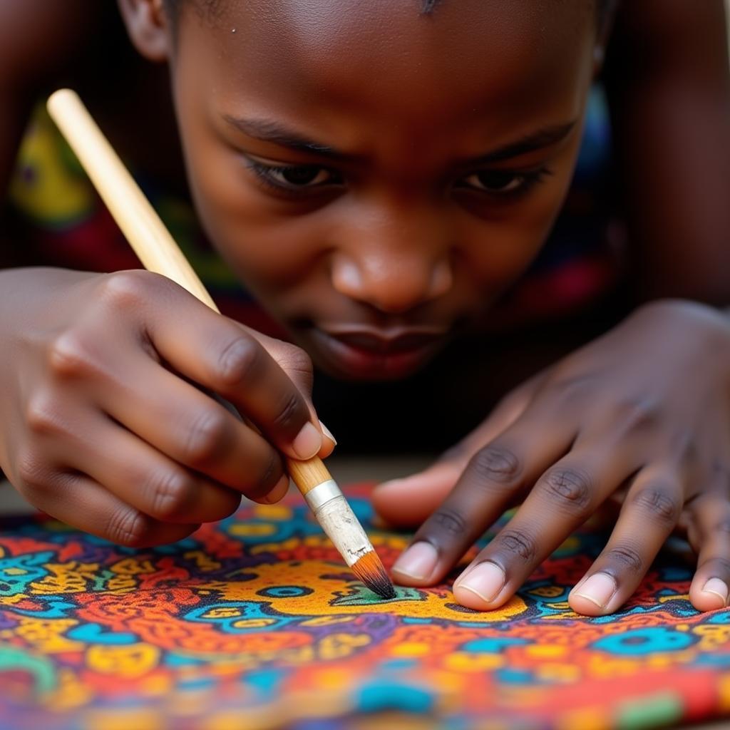 An African child painting a traditional motif on a piece of fabric