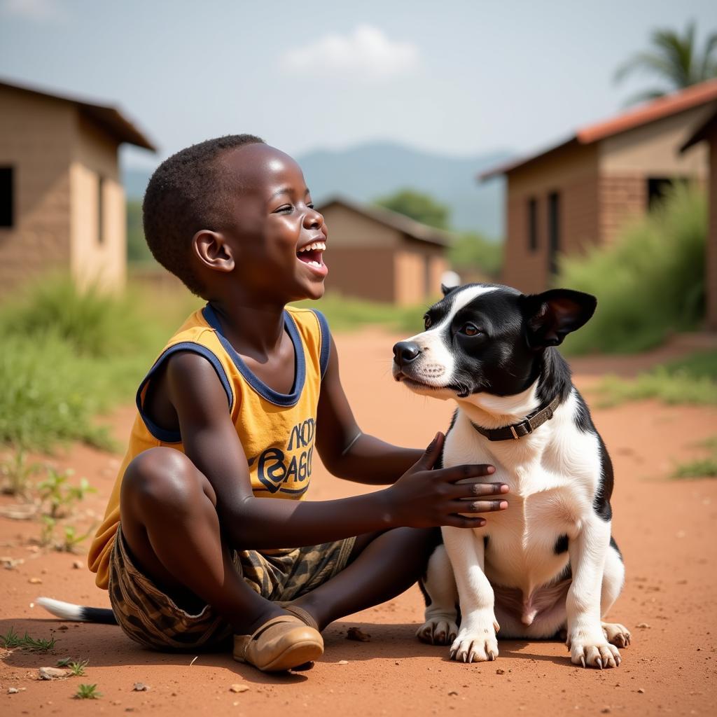 Child Playing with a Small Dog in Rural Africa