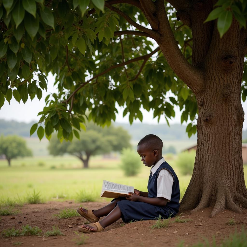 African Child Reading a Book Under a Tree