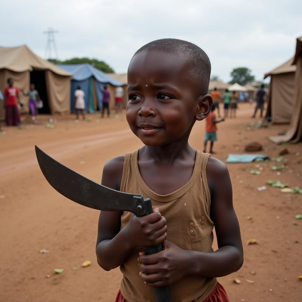 African child refugee in camp holding machete