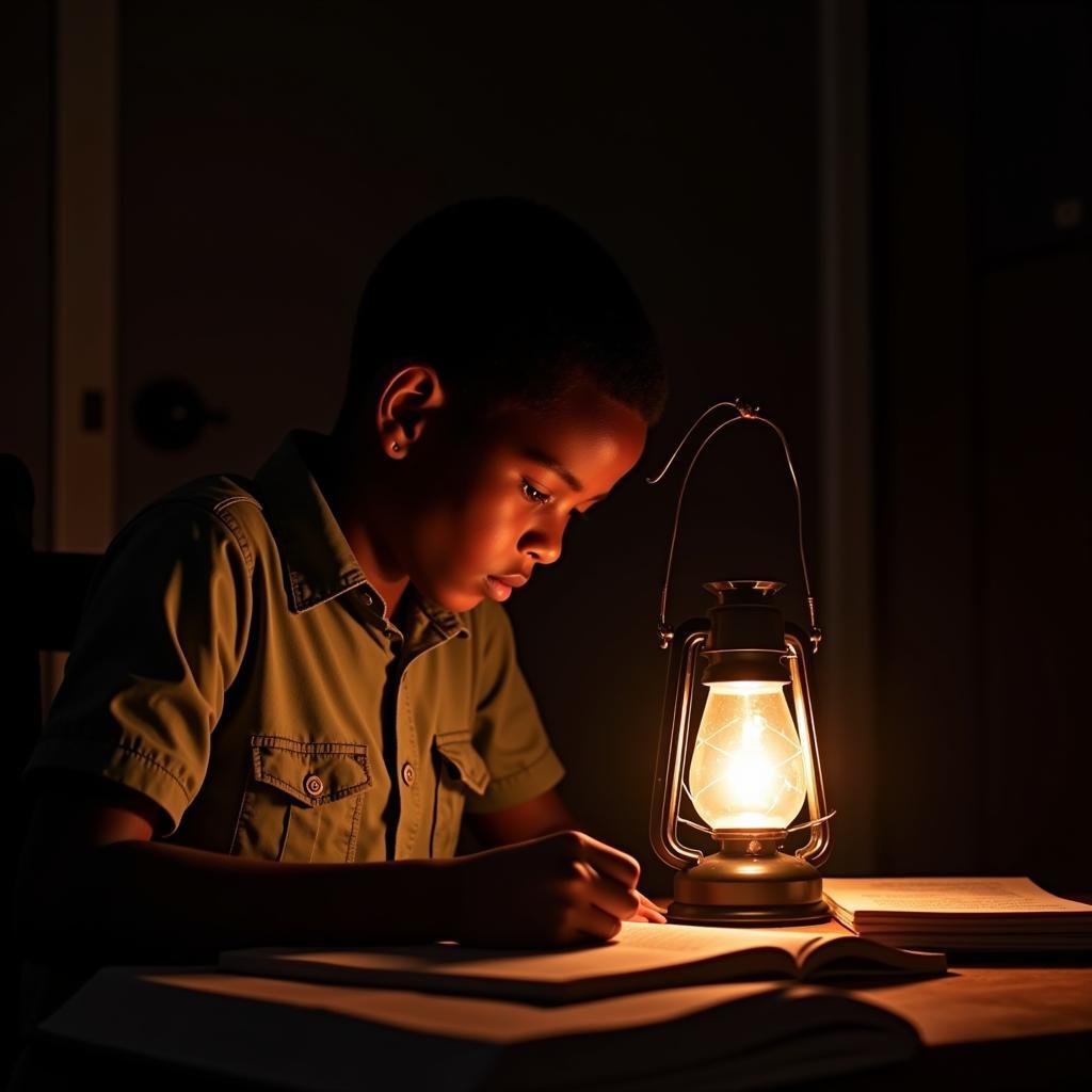 African Child Studying by Kerosene Lamp