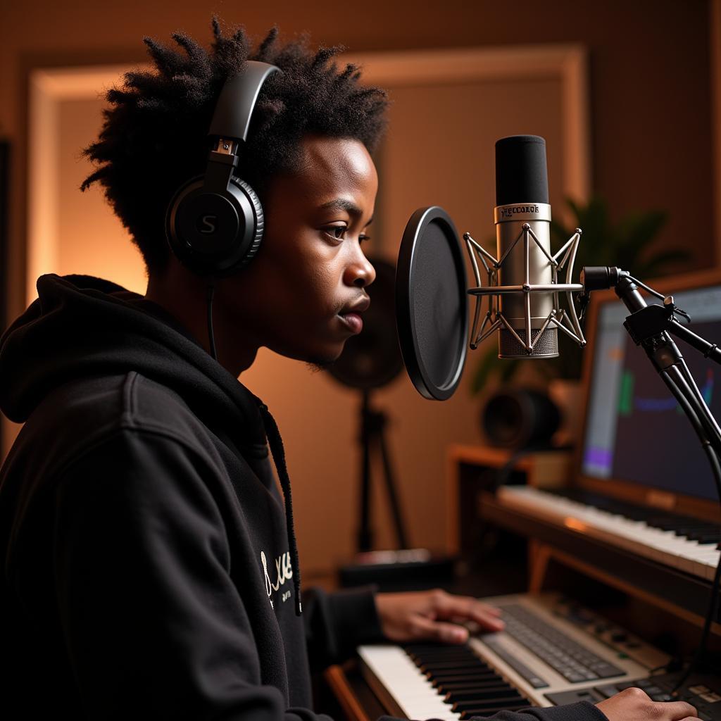 African Child UK Rapper Recording in a Music Studio