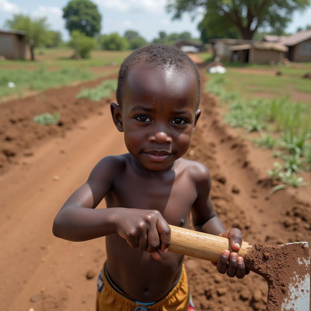 African child working with a machete on a farm