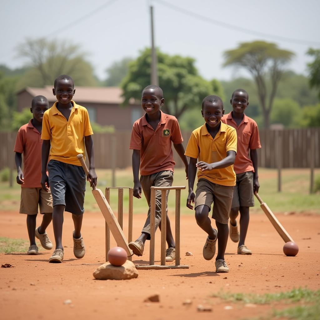 Young African children playing cricket, representing the future and growth of the sport on the continent.