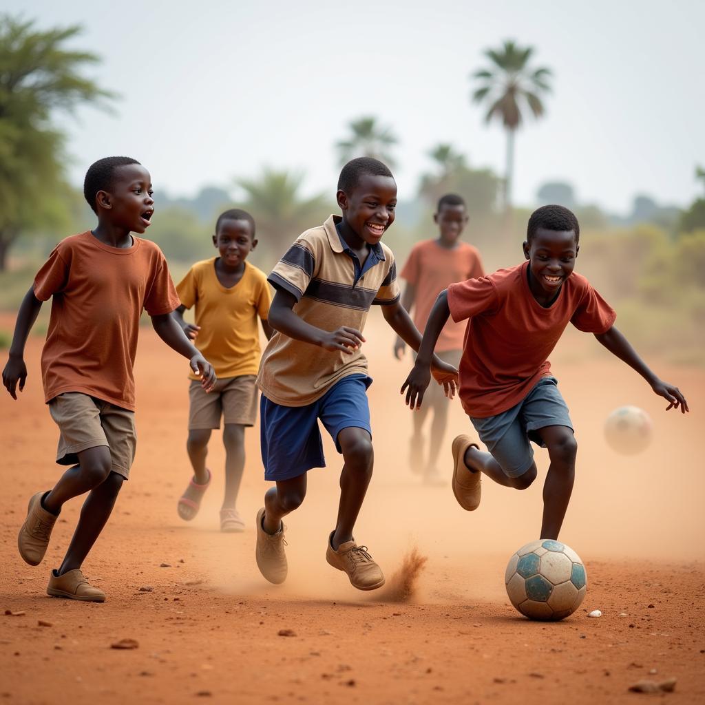 African Children Playing Football in a Dusty Field