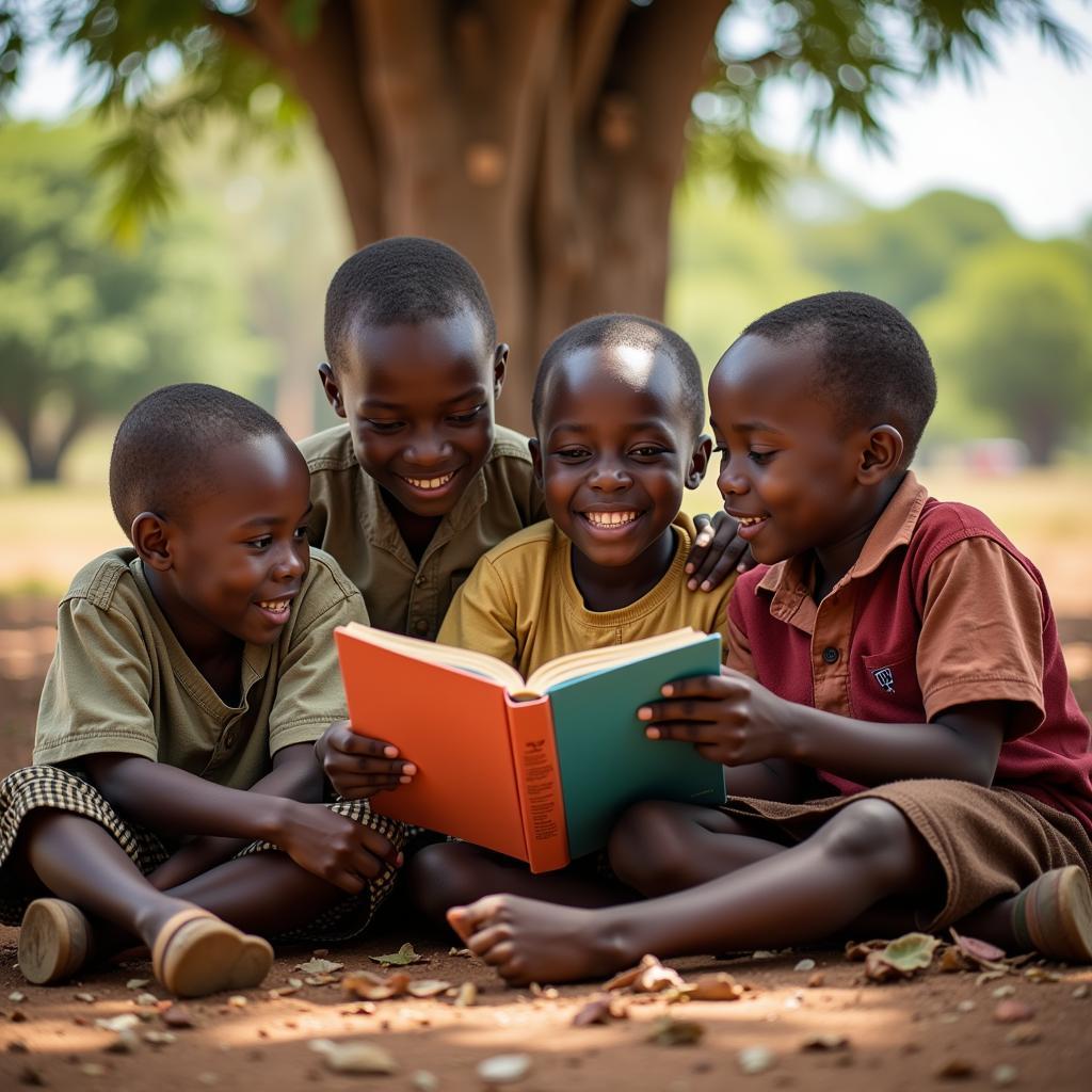 A group of African children reading a book together outdoors, under the shade of a tree