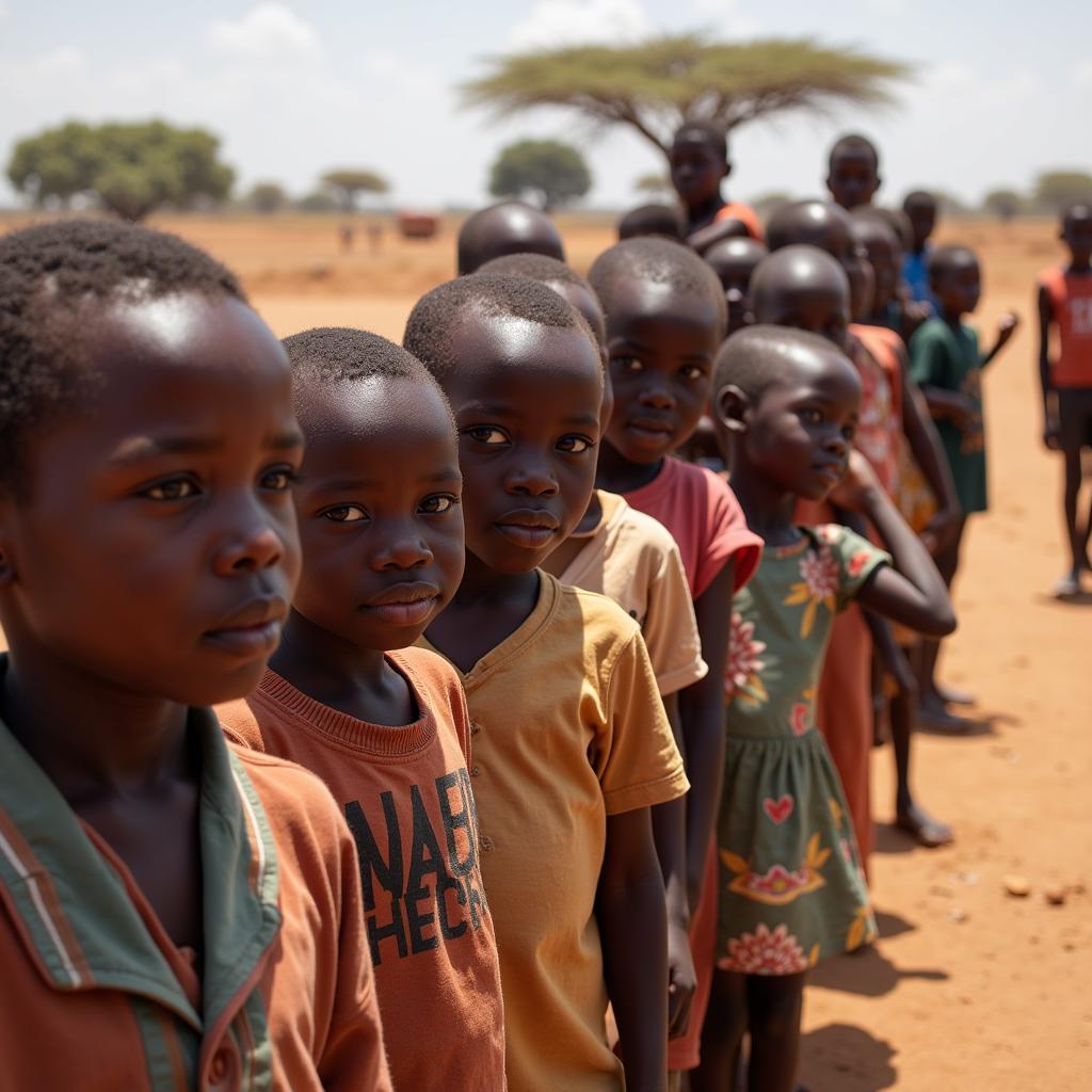 African Children Waiting for Food Aid Distribution