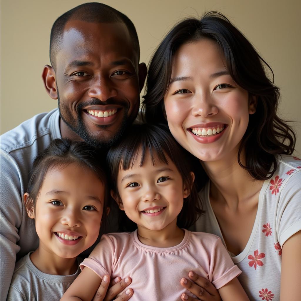 African Chinese Family Portrait: A family of mixed heritage poses for a photograph, showcasing their blended cultural background.