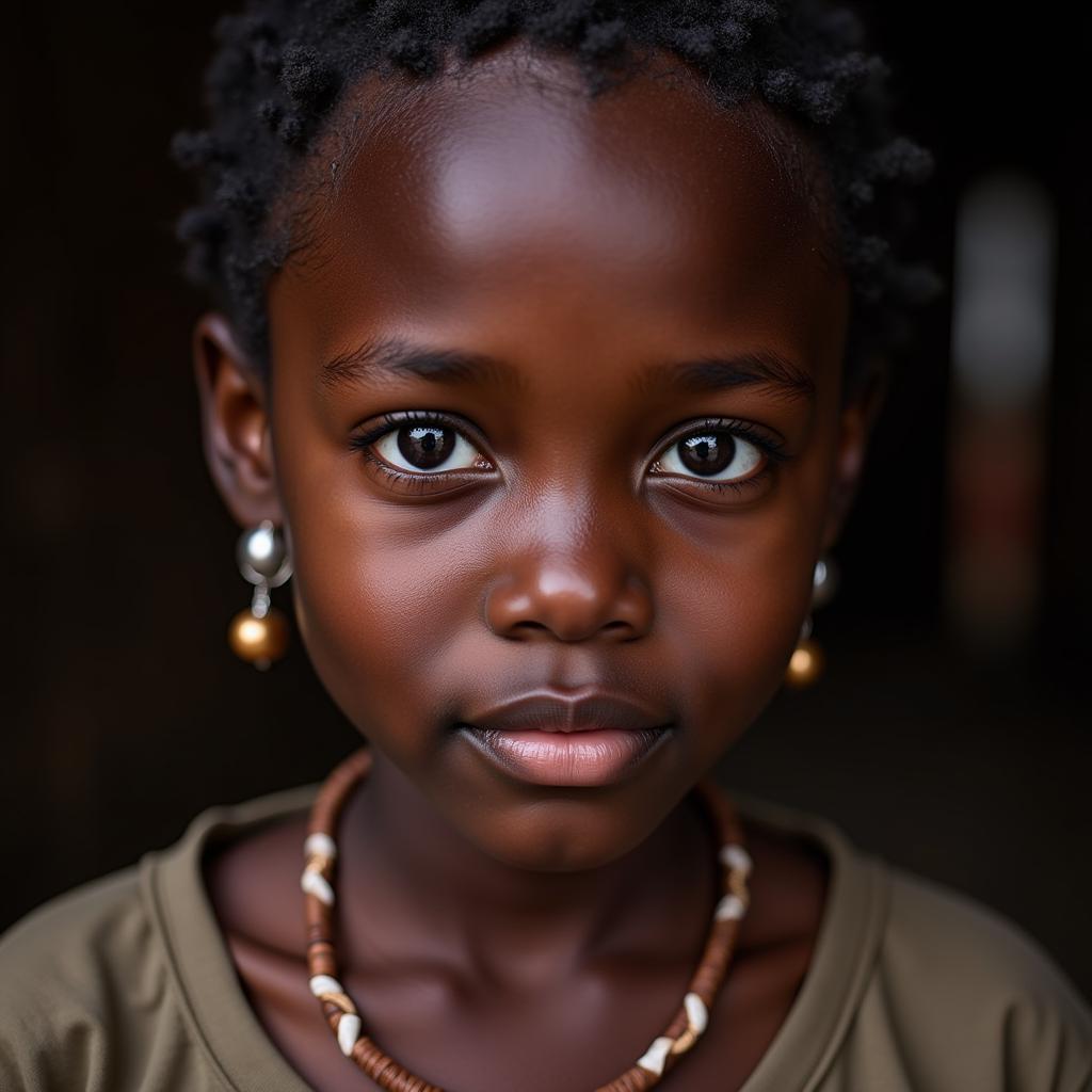 Portrait of a young African girl with captivating eyes and radiant dark skin.