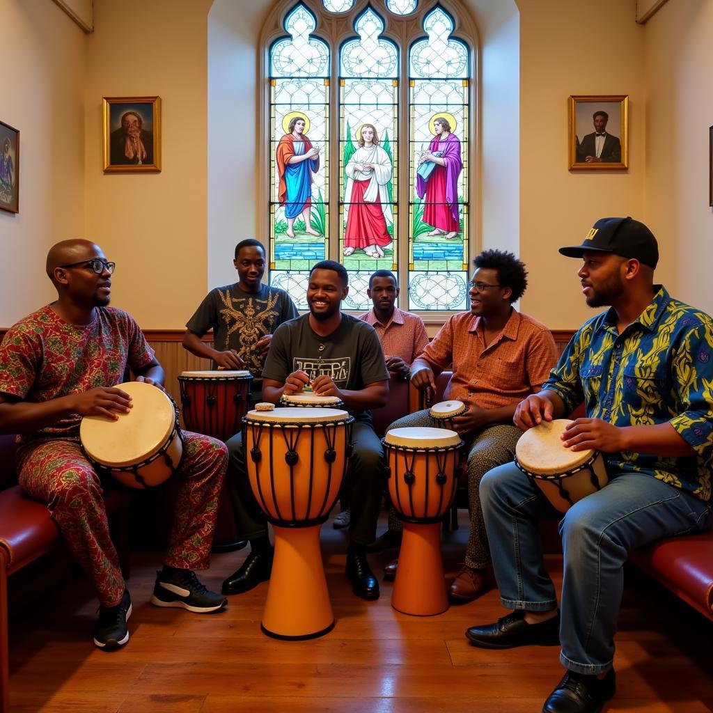 A band playing traditional African instruments in a church setting