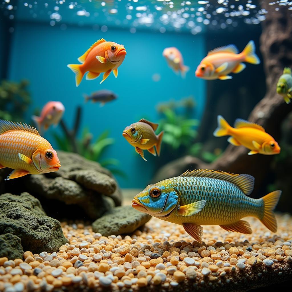 Healthy African Cichlids Feeding in an Aquarium