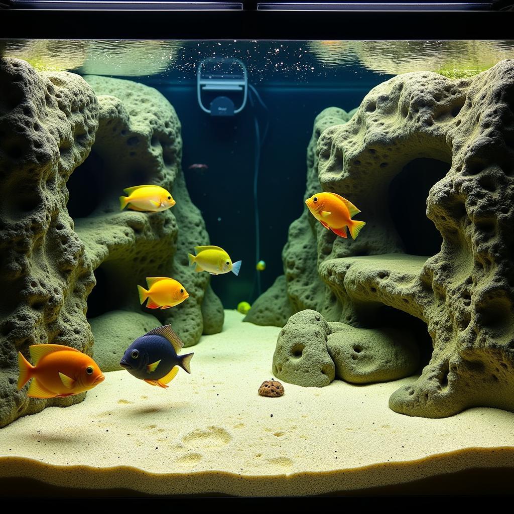 African Cichlid Tank Setup with Rocks and Sandy Substrate