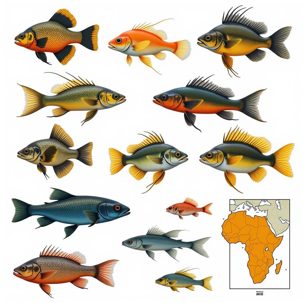 A collage showcasing the vibrant colors and diverse forms of African cichlids found in the Rift Valley Lakes.