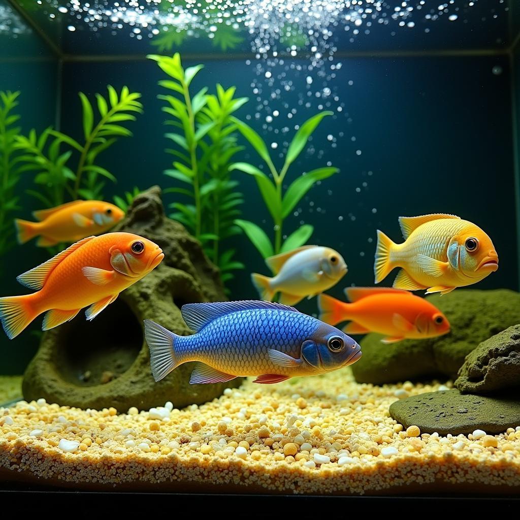 African Cichlids Feeding in Aquarium