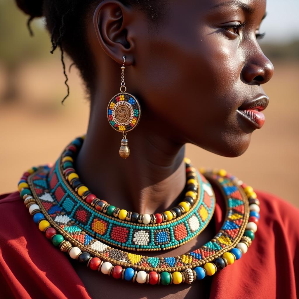 Maasai woman wearing a traditional necklace made of vibrant African clay beads.