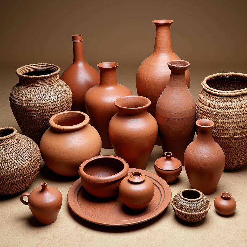 African clay pots and woven baskets