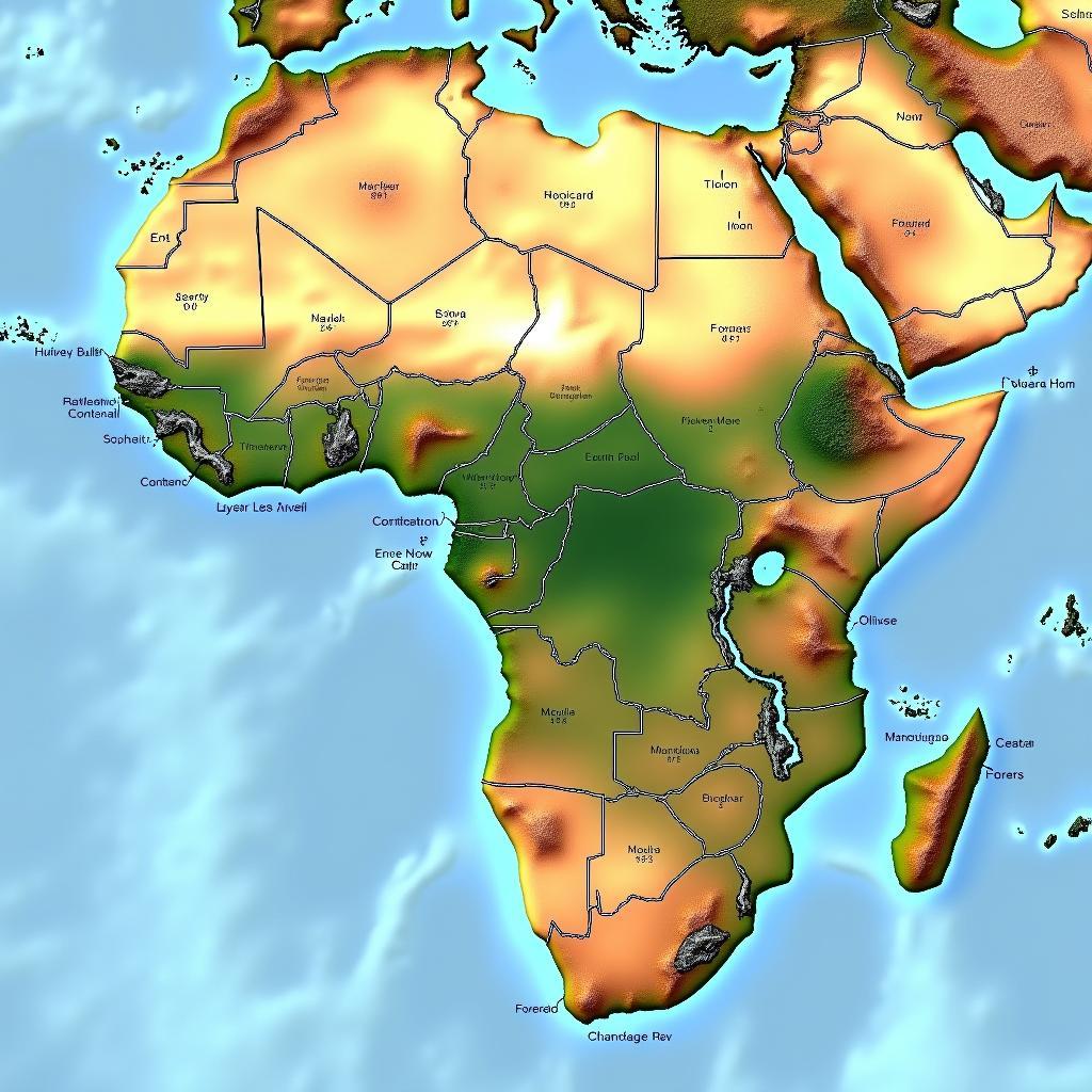 African Close Up Map Highlighting Physical Features