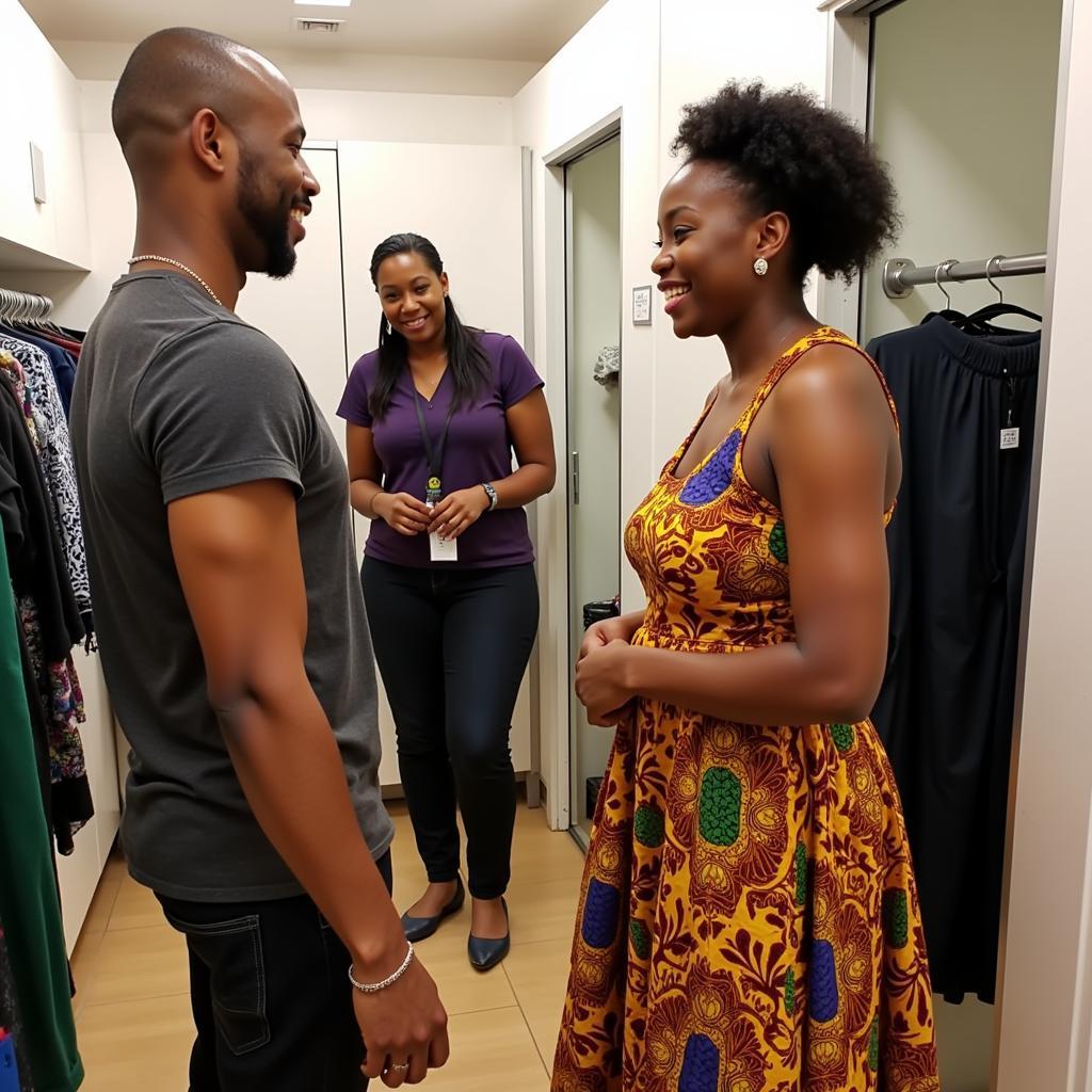 Customer Trying on a Traditional African Dress in an Oakland Store