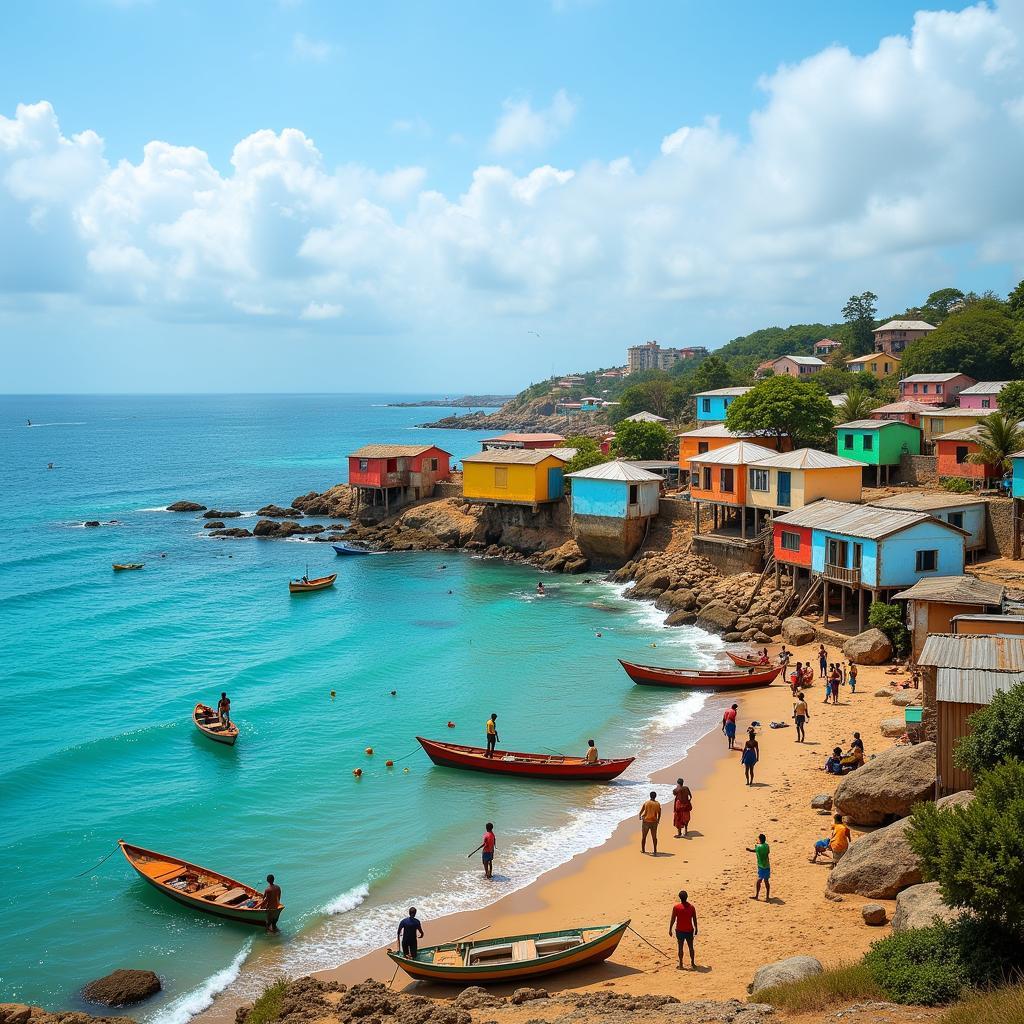 A vibrant African coastal village with colorful houses and friendly locals.