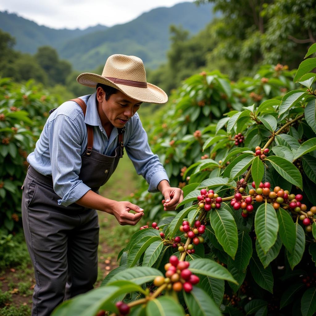 An African coffee farmer harvesting ripe coffee cherries on a lush coffee plantation.