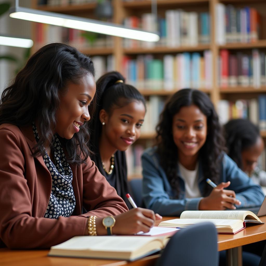 African College Girls Studying in the Library