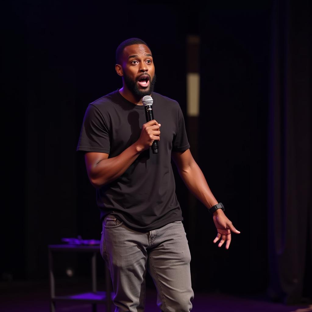 African Comedian on Stage with Microphone