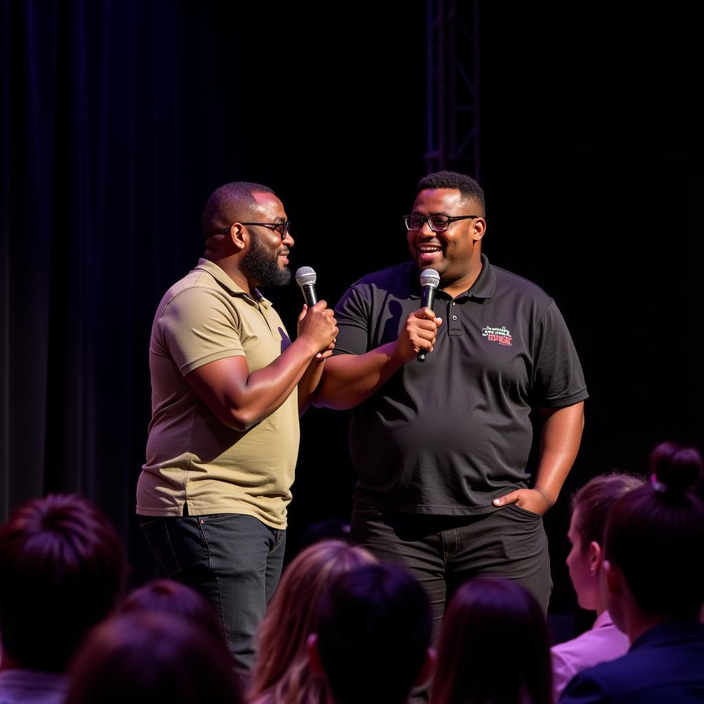 African comedians performing on stage, engaging with the audience