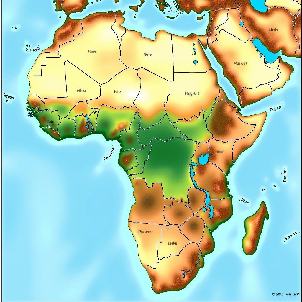 Physical Map of the African Continent Showing Major Landforms and Rivers