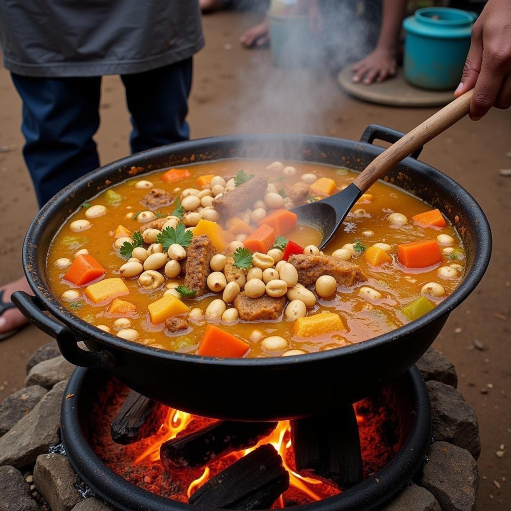 West African peanut stew simmering in a pot on an open fire during an African cooking show