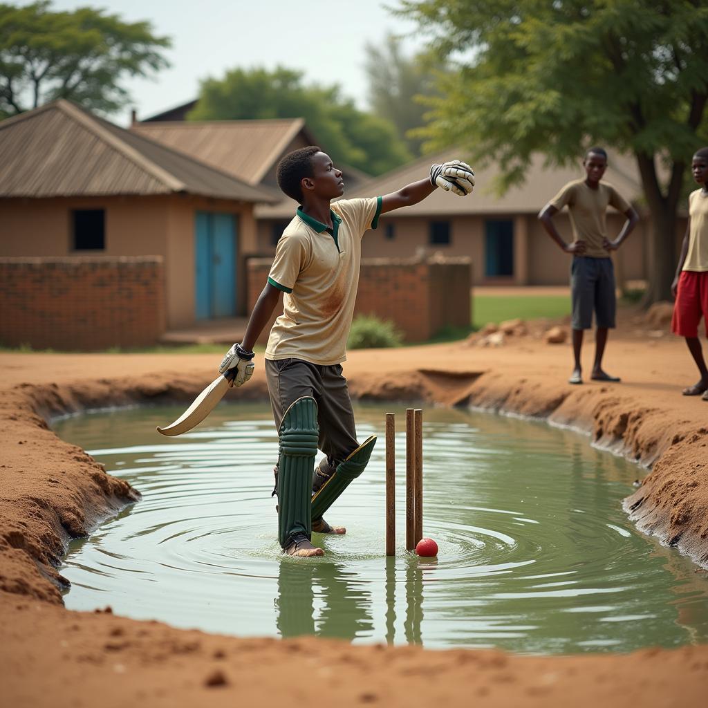 African cricket player honing their skills in a unique and challenging environment - a duck pond.