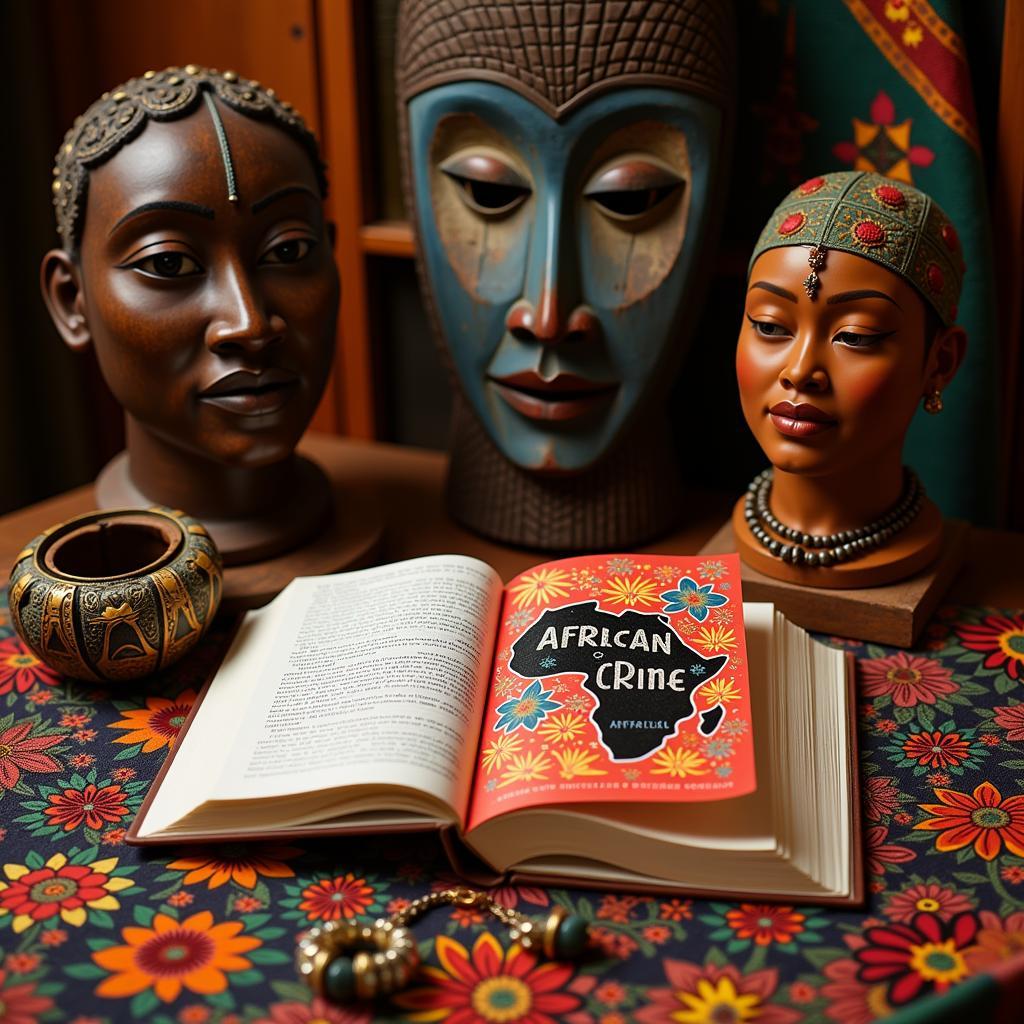 African Crime Novel Open on a Table with African Artifacts