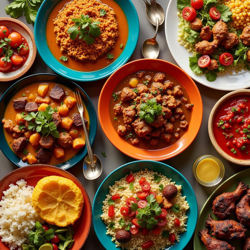 A table filled with various African dishes, showcasing the continent's culinary diversity