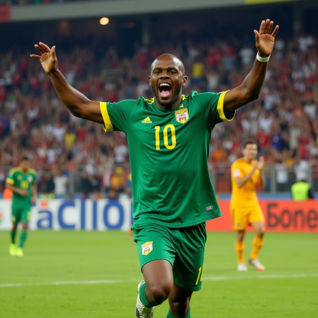 Samuel Eto'o celebrating a goal at AFCON