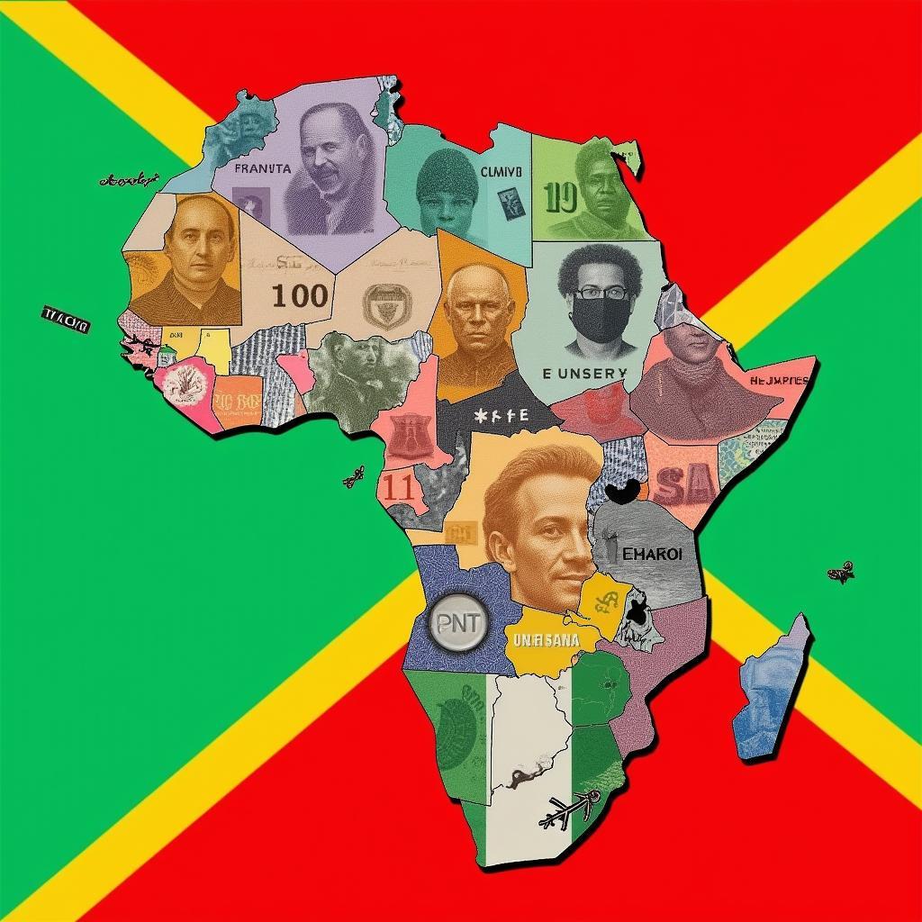 A collage of African currency symbols superimposed on the flags of their respective countries.