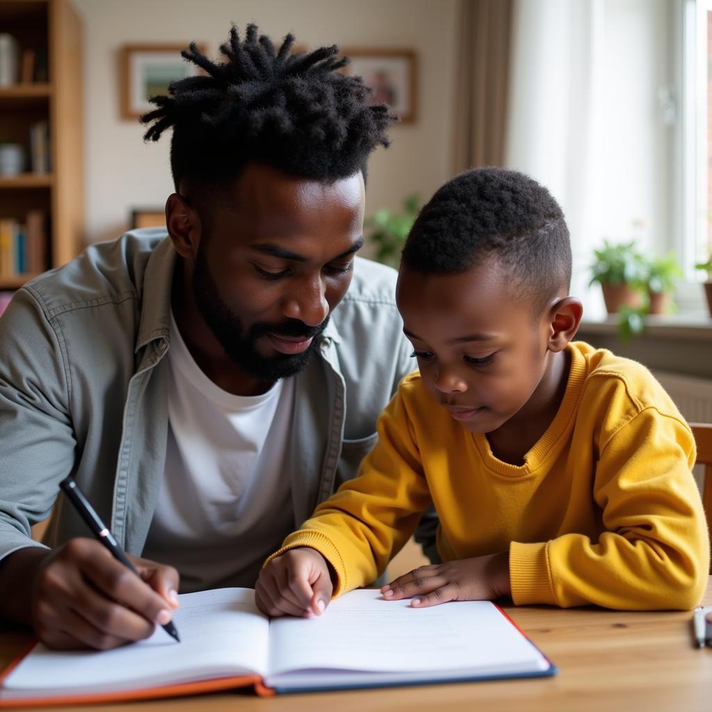 African Dad Helping Child with Homework