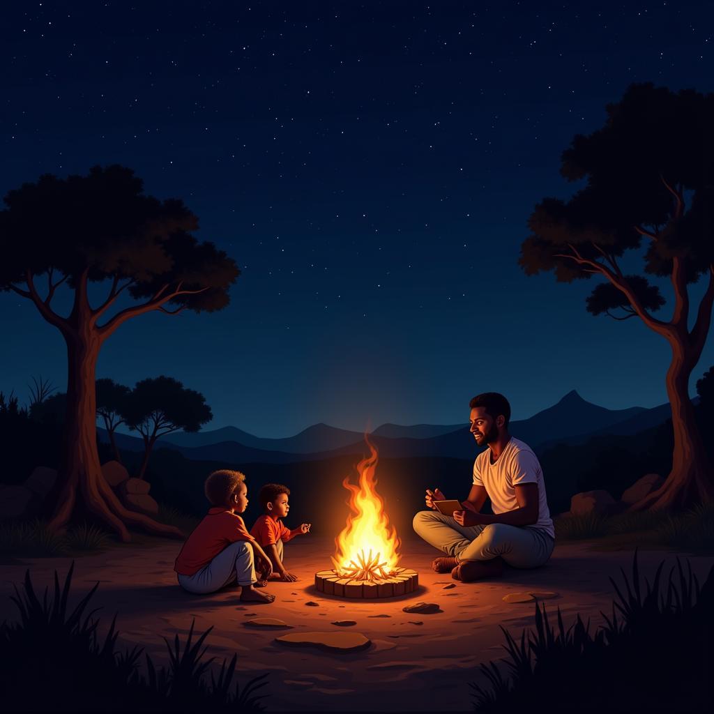 African Dad Telling Stories to Children around a Fire