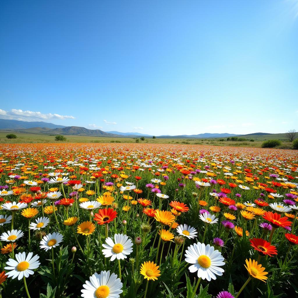 Landscape photograph of a field of African daisies, showcasing their vibrant colors and natural beauty.