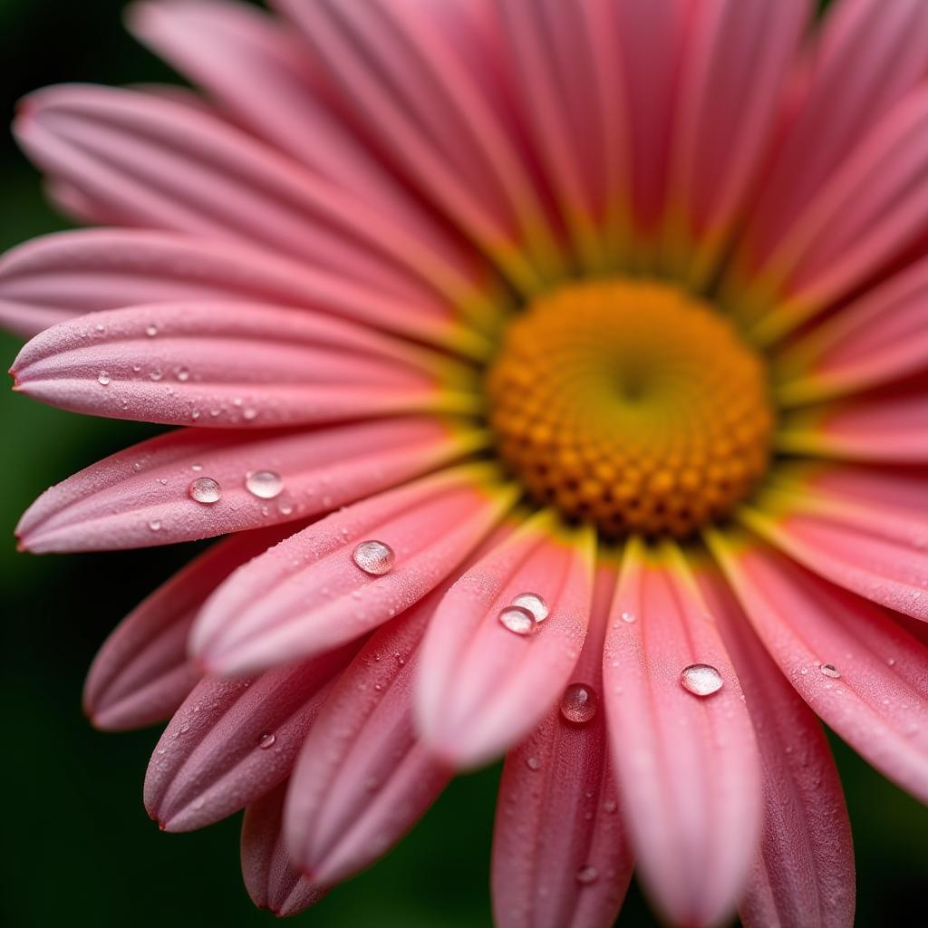 Macro photograph of an African daisy with dew drops, highlighting the intricate details of the petals.