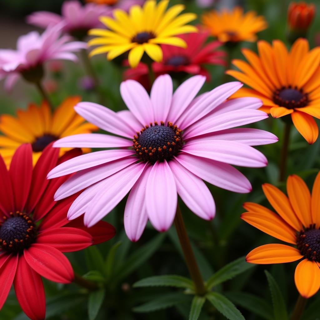 Close-up of colorful African daisies showcasing the variety of vibrant hues and unique petal formations.