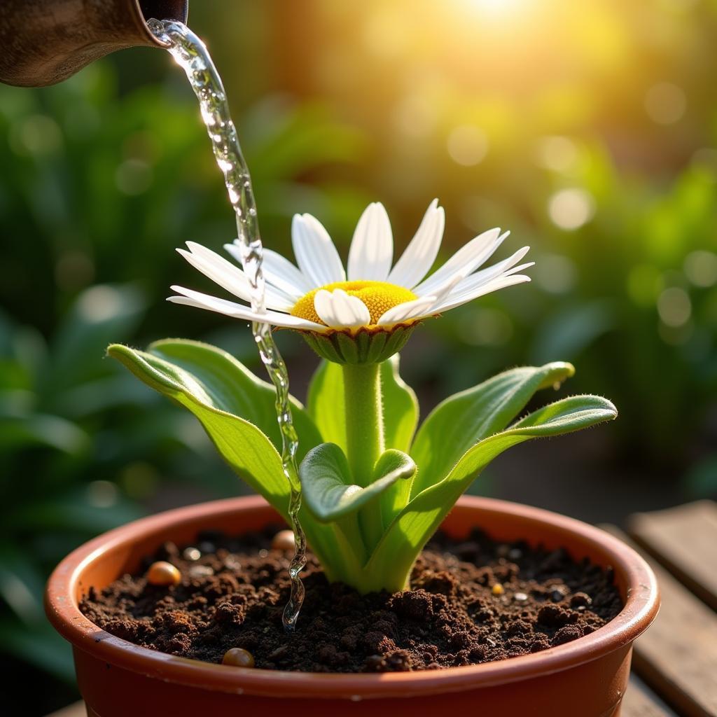 An African daisy plant in a pot receiving adequate sunlight and being watered correctly.