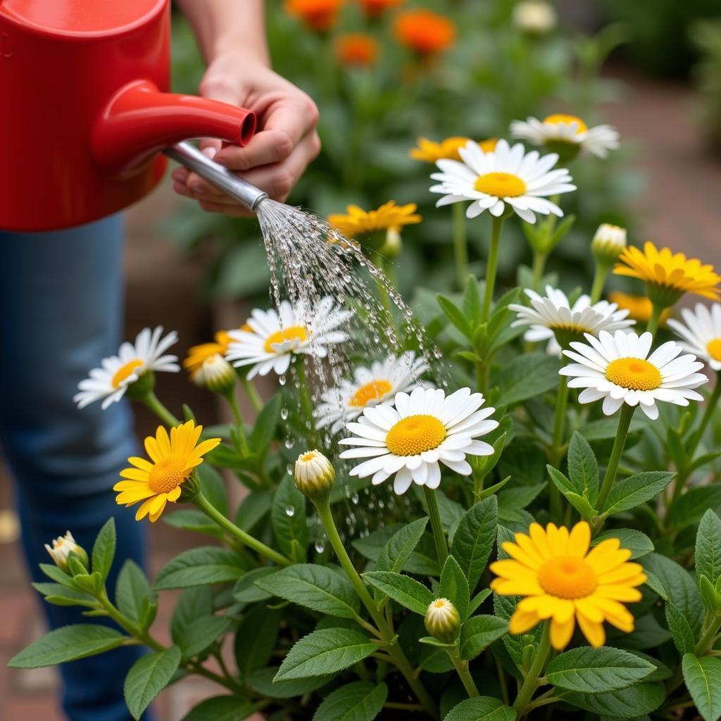 Watering African Daisy with Watering Can