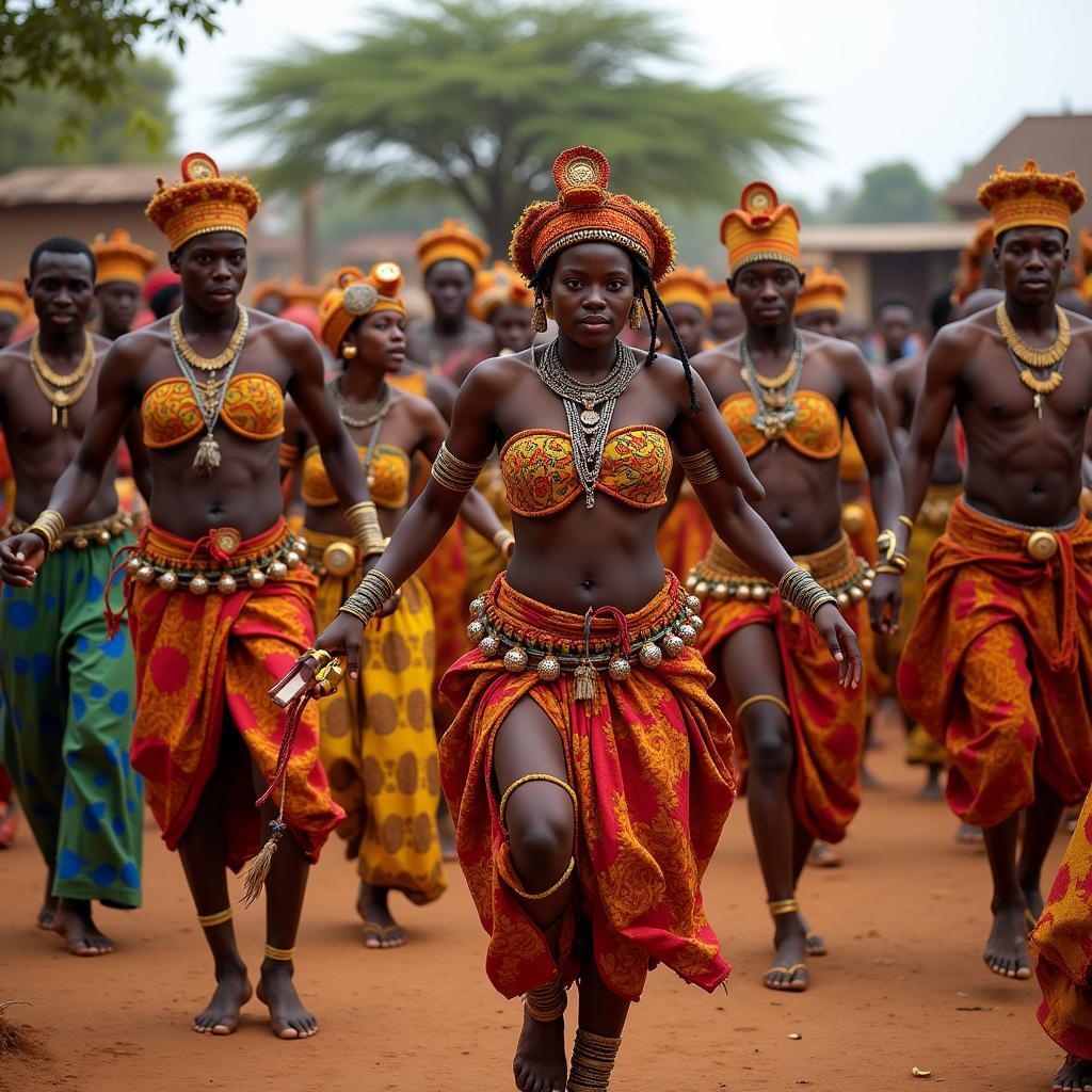 African Dance Ceremony Ritual: Vibrant costumes and rhythmic movements tell a story.